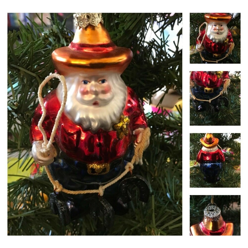 Santa Sheriff Wild West Ornament – Hand-Blown Glass with Lasso and Horseshoes